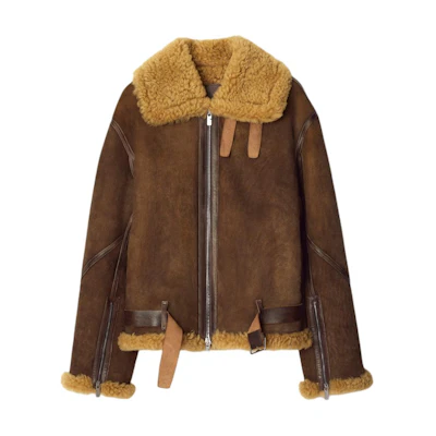Burberry Solid Brown Leather Aviator Jacket with Zip and Collar. 80953831