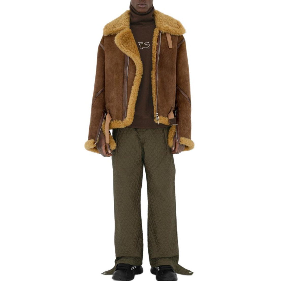 Shop Burberry Jaket Kulit Coklat Aviator dengan Zip dan Kolar. 80953831