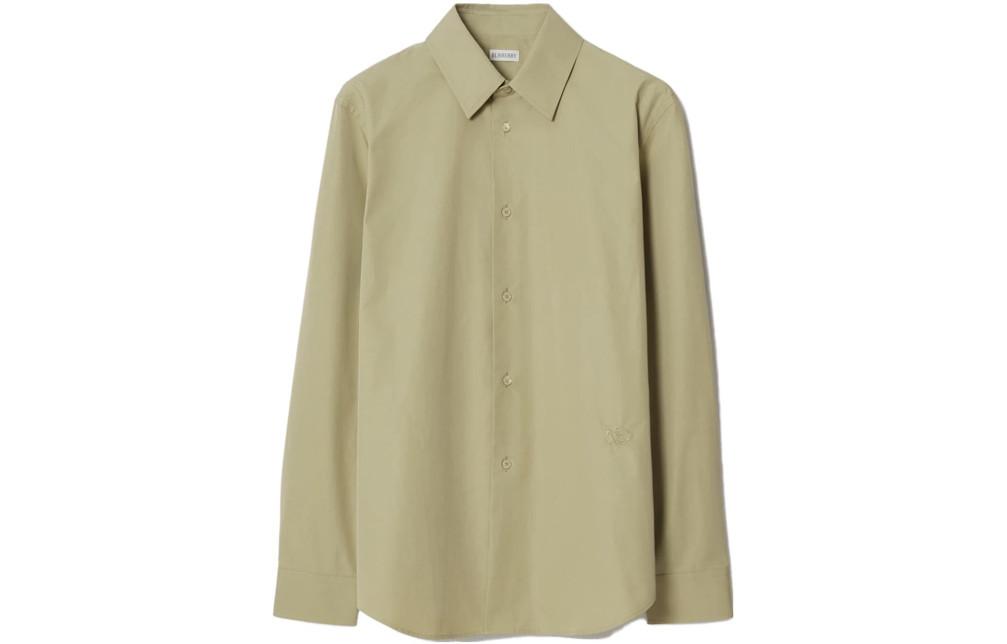 Burberry  Solid Color Equestrian Logo Long Sleeve Shirt - Olive Green 80764321