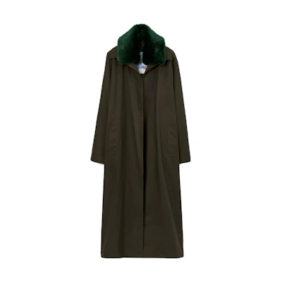 Burberry Solid Color Long Sleeve Coat with Fur Collar - Army Green 80778691