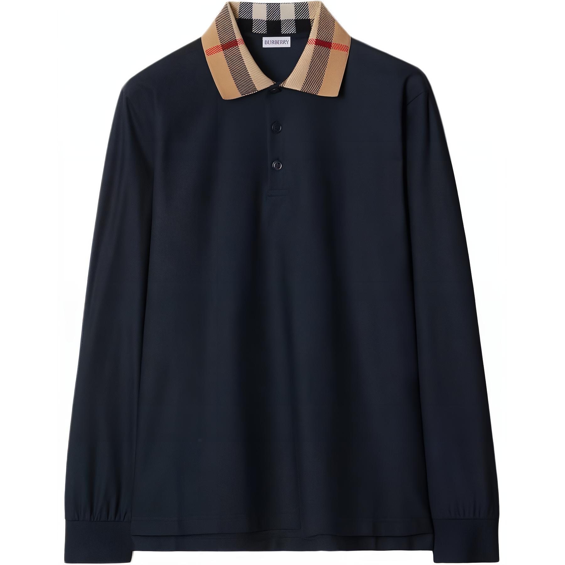 Burberry  Solid Cotton Long Sleeve Polo Shirt Smoke Navy Blue 80988131