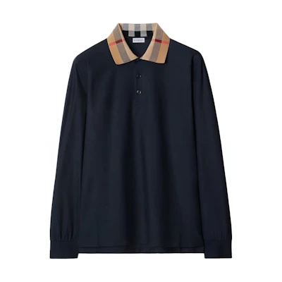 Burberry Solid Cotton Long Sleeve Polo Shirt Smoke Navy Blue 80988131