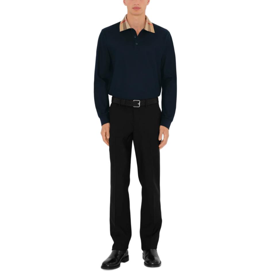 Burberry  Solid Cotton Long Sleeve Polo Shirt Smoke Navy Blue 80988131 圖 3