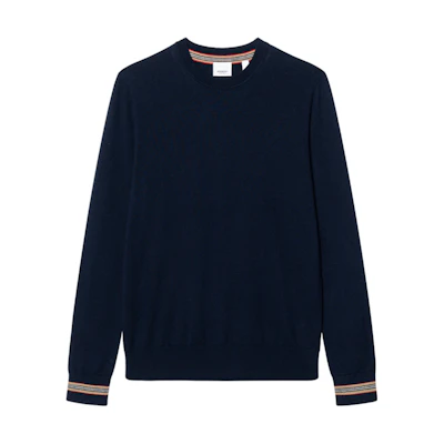 Burberry Solid Crewneck Striped Knit Sweater Navy Blue 80926231