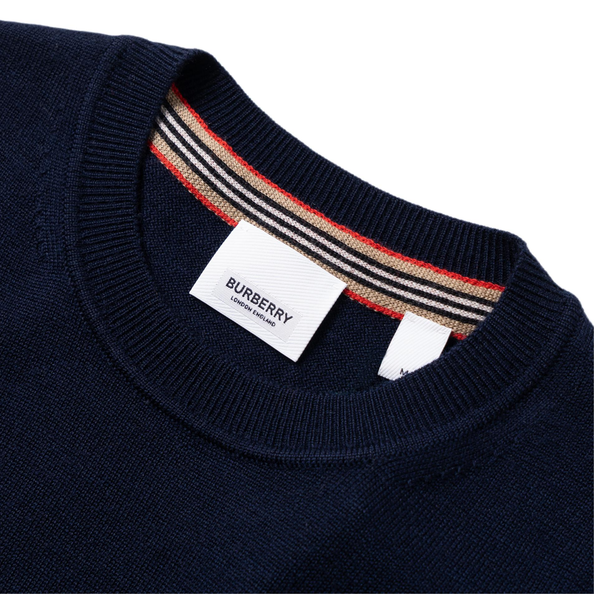 Shop Burberry  Solid Crewneck Striped Knit Sweater Navy Blue 80926231