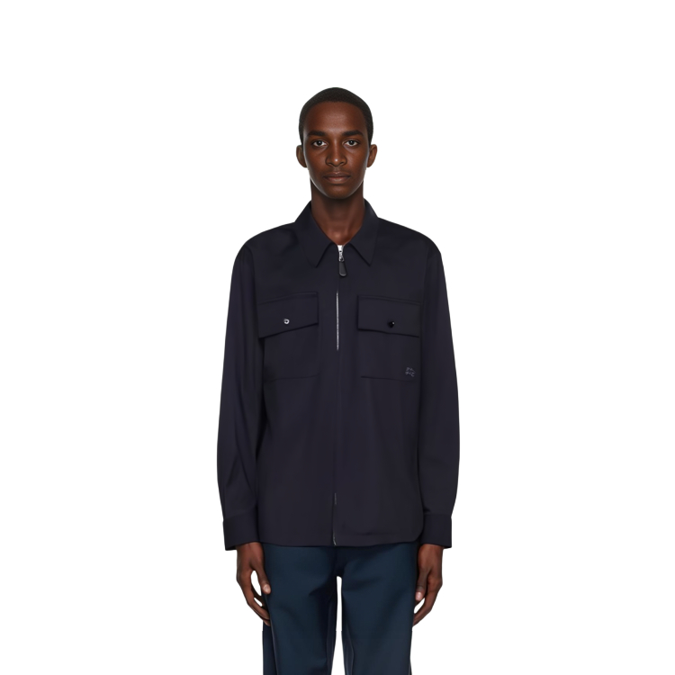 Shop Burberry  Solid Logo Zip-Up Navy Shirt 80709711