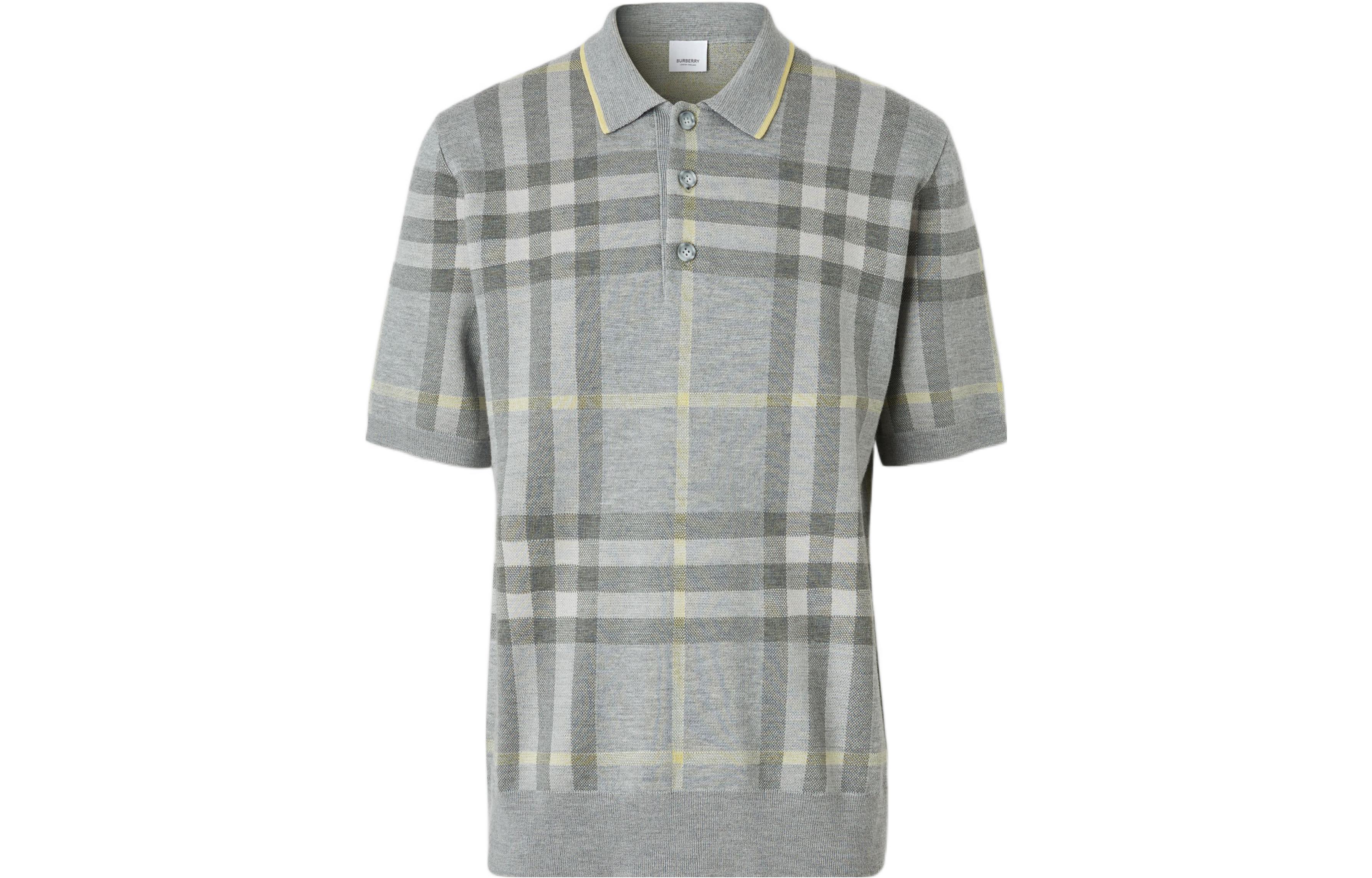 Burberry  SS22 Check Wool Blend Short Sleeve Polo Shirt Light Grey 80496251