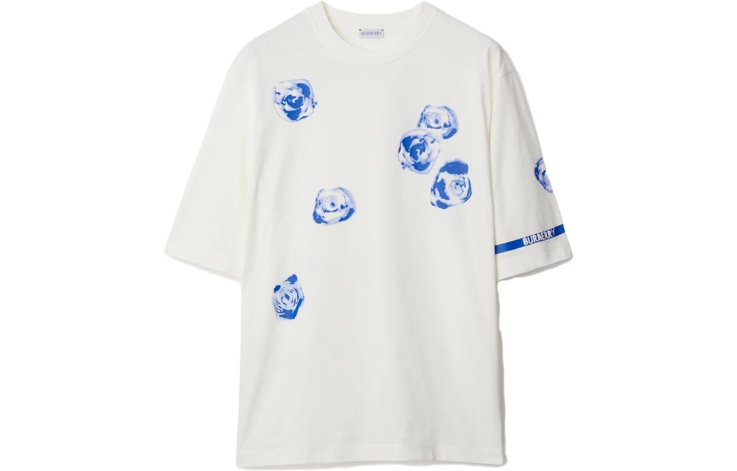 Burberry  White Floral Logo Print Cotton Crewneck T-Shirt 80813941