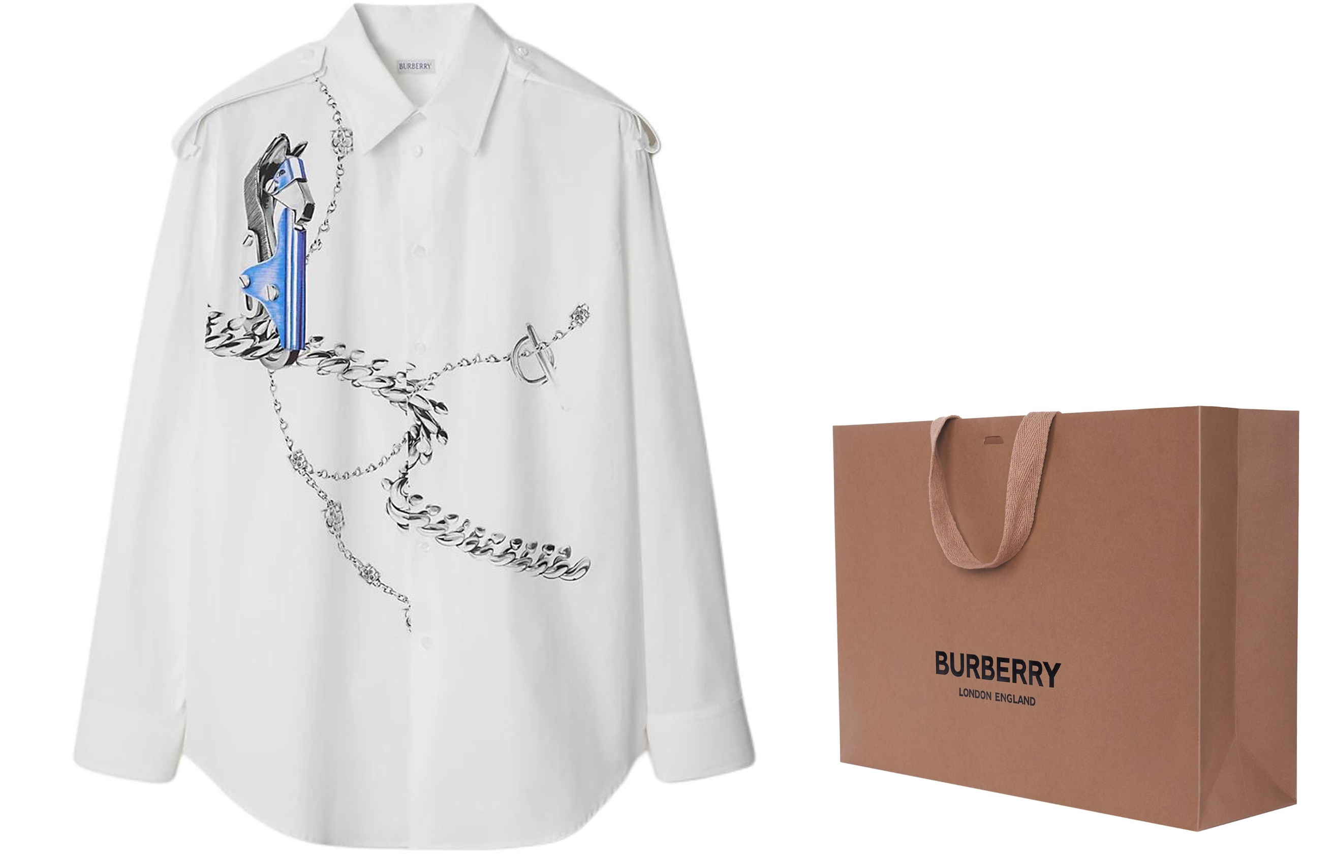 Shop Burberry  White Shirt with Hand-Drawn Print and Pointed Collar. 80890701