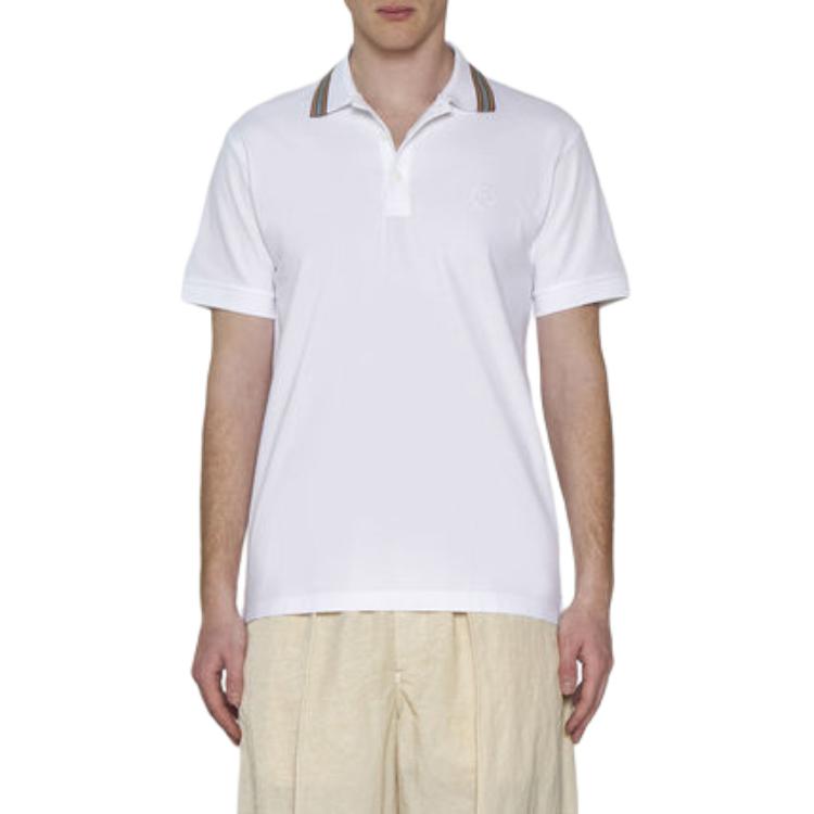 Shop Burberry  White Striped Straight-Cut Short Sleeve Button Polo Shirt 80840181
