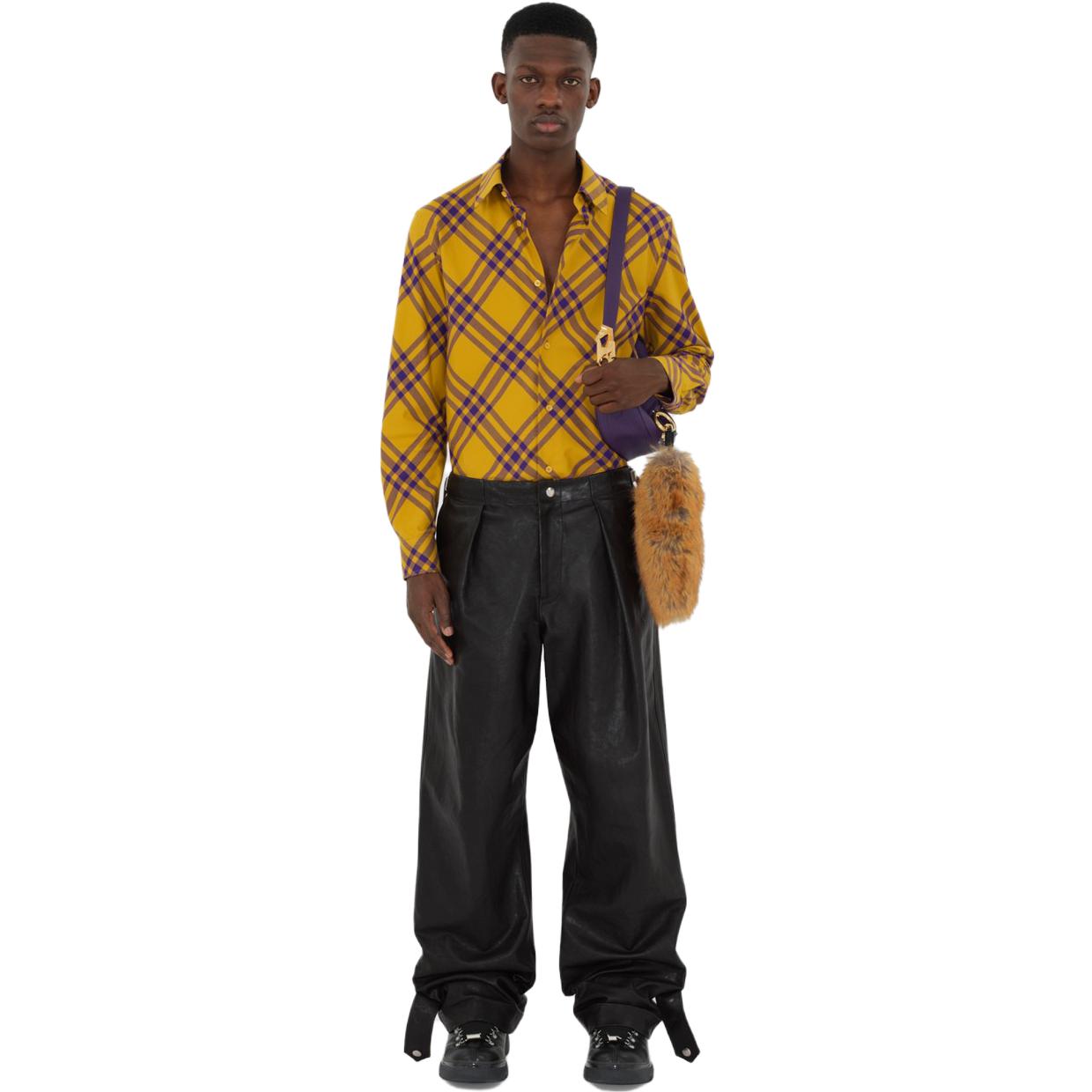 Shop Burberry  Yellow Check Single-Breasted Long-Sleeve Shirt. 80791631