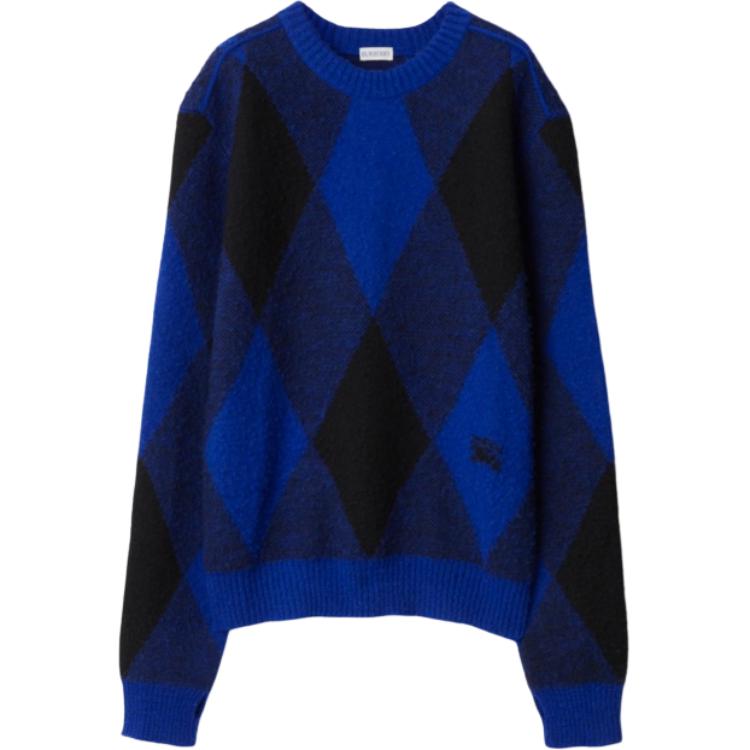 Burberry Argyle Wool Sweater Blue  Colorblock Crewneck Knit Pullover 80787501