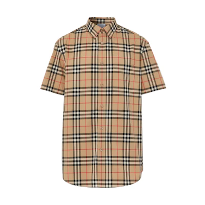 Burberry Beige Check Letter Print Short Sleeve Shirt 80385241