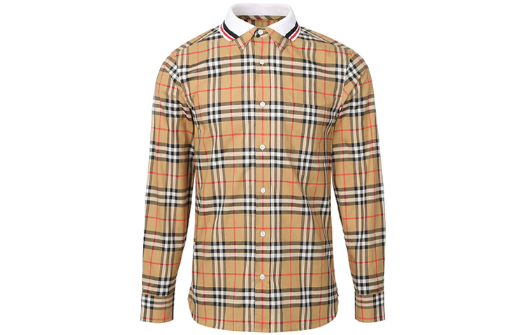 Burberry Beige Check Long Sleeve Shirt with Spliced Collar 80049621