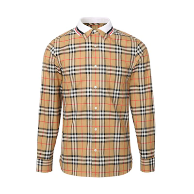 Burberry Beige Check Long Sleeve Shirt with Spliced Collar 80049621
