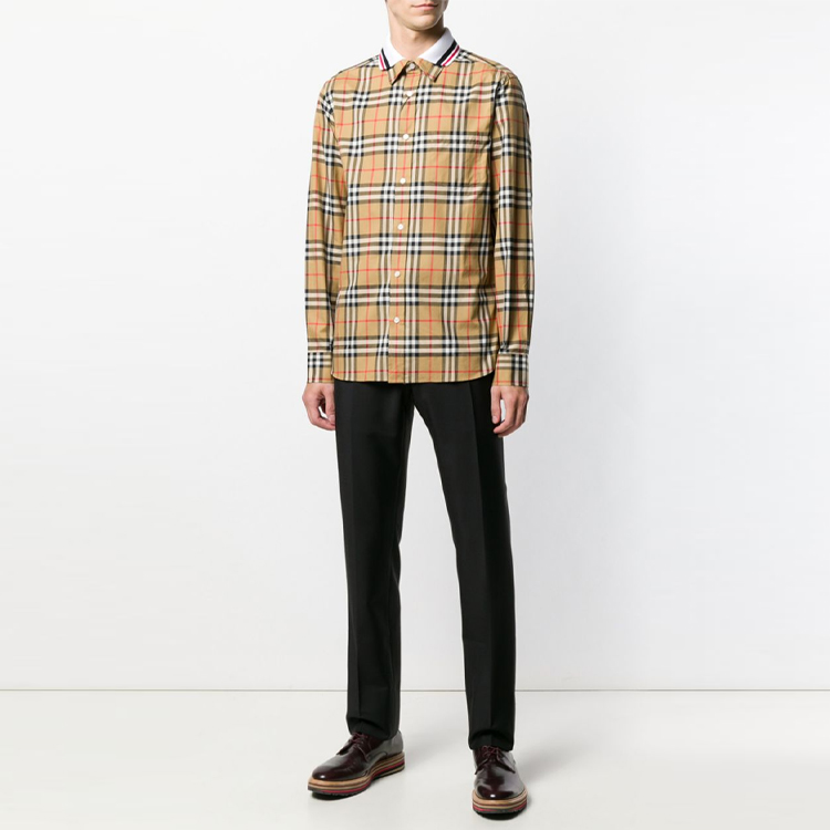 Burberry Beige Check Long Sleeve Shirt with Spliced Collar 80049621 圖 7