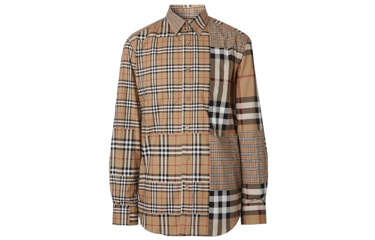 Burberry Beige Check Panel Cotton Long Sleeve Shirt 80185691