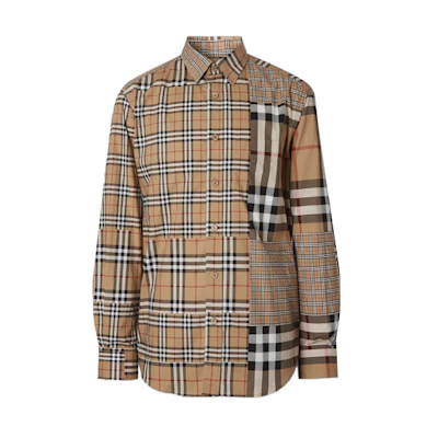 Burberry Beige Check Panel Cotton Long Sleeve Shirt 80185691