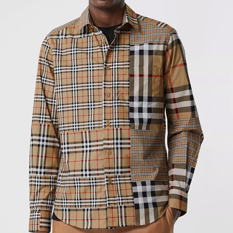Burberry Beige Check Panel Cotton Long Sleeve Shirt 80185691 圖 3