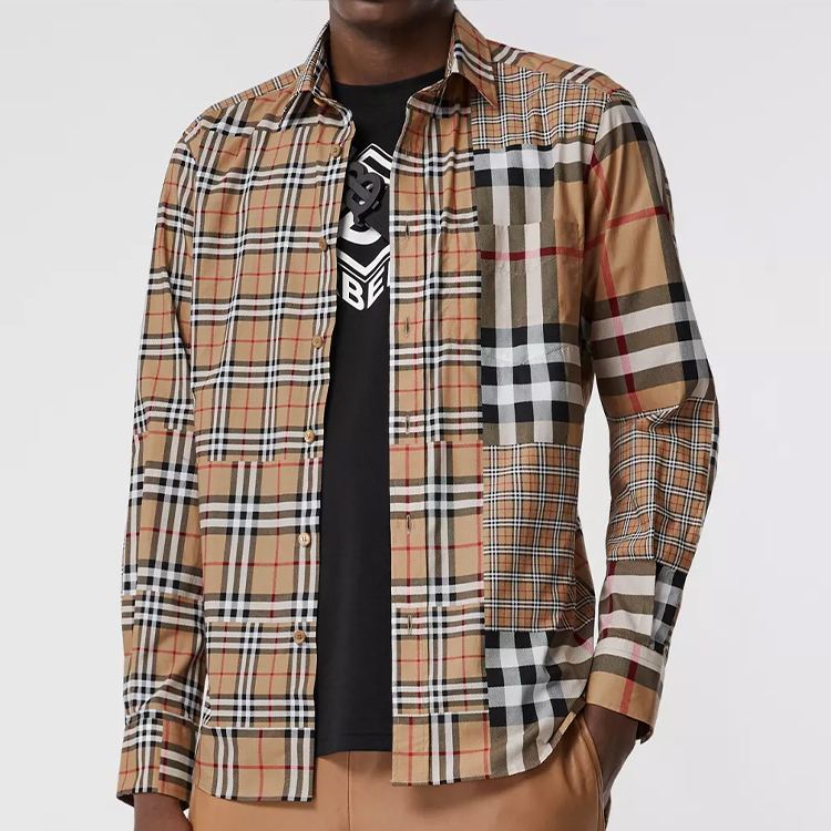 Burberry Beige Check Panel Cotton Long Sleeve Shirt 80185691 圖 4