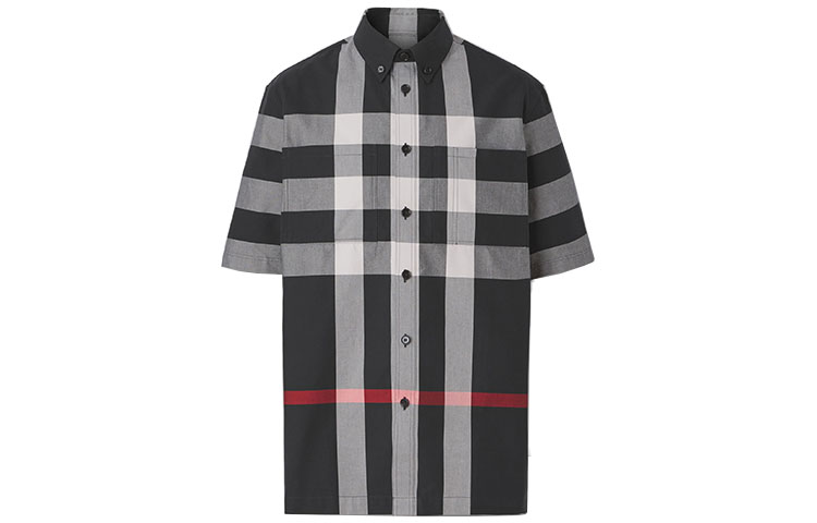 Burberry Black Check Cotton Button-Down Short Sleeve Shirt 80433491