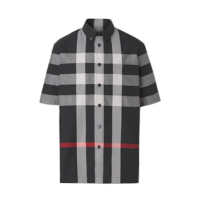 Burberry Black Check Cotton Button-Down Short Sleeve Shirt 80433491