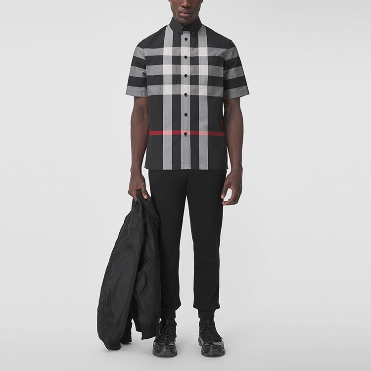 Burberry Black Check Cotton Button-Down Short Sleeve Shirt 80433491 圖 3