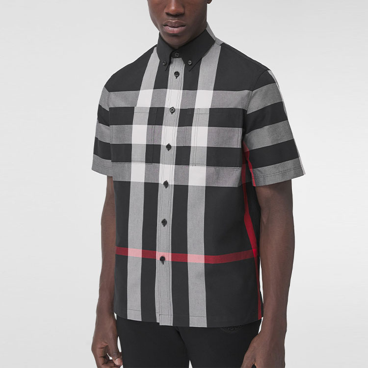 Burberry Black Check Cotton Button-Down Short Sleeve Shirt 80433491 圖 5