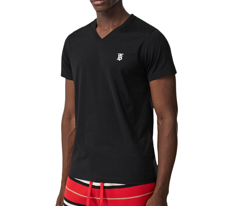Burberry Black Cotton Logo V-Neck T-Shirt 8017255 圖 4