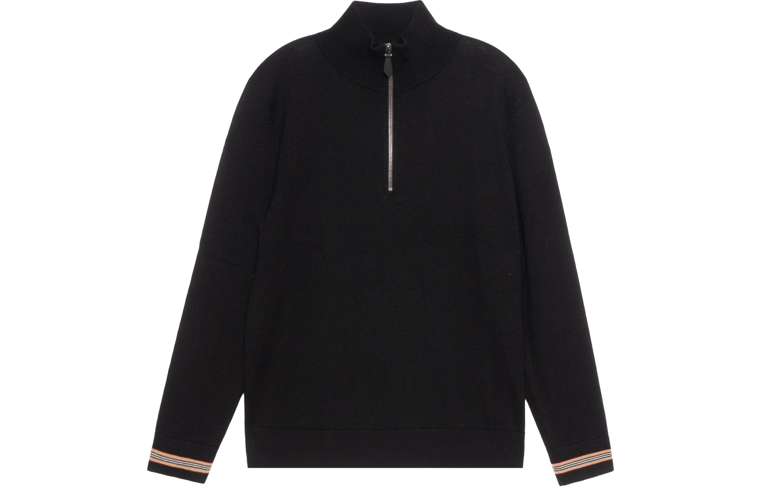 Burberry Black Half-Zip High-Neck Sweater with Striped Cuffs. 80443251