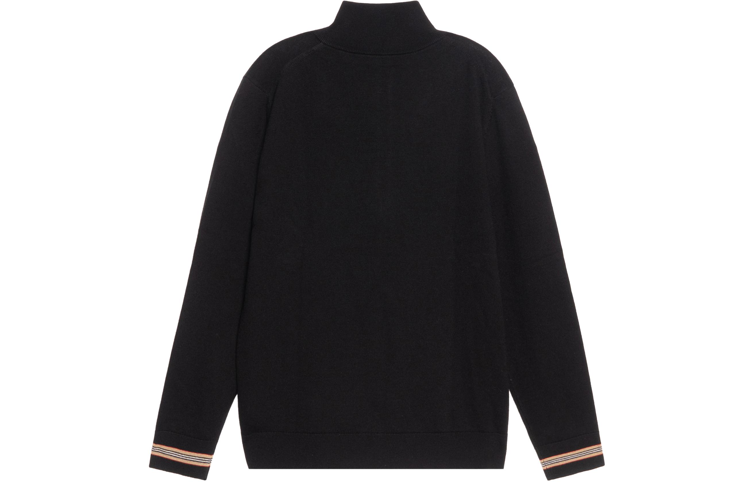 Lookbook バーバリー ブラック ハーフジップ ハイネック セーター ストライプカフ付き 80443251