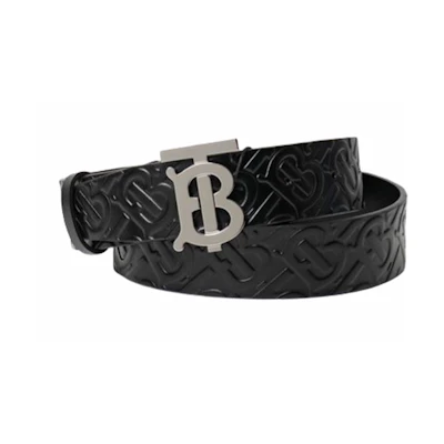 Burberry Black Leather Belt with TB Monogram Print, 3.5cm Width. 8046565