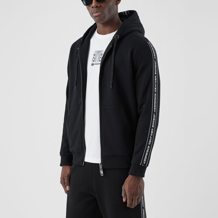 Shop Burberry 黑色標誌飾邊寬鬆版連帽外套 80295271