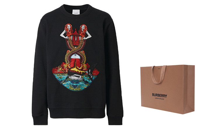 Cheap 버버리 블랙 머메이드 프린트 코튼 스웨트셔츠 80406981