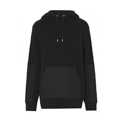 Burberry Black Ribbed Knit Cotton-Blend Panel Hoodie. 80488351