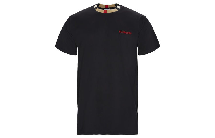 Burberry Black Short Sleeve T-Shirt with Embroidered Logo and Check Collar 8007695-A1189