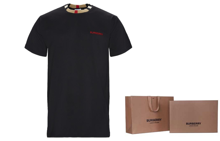 Details for Burberry Kaos Hitam Lengan Pendek dengan Logo Bordir dan Kerah Motif Kotak 8007695-A1189