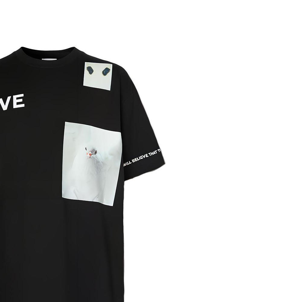 Sizing 버버리 블랙 몽타주 프린트 반팔 티셔츠 80309401