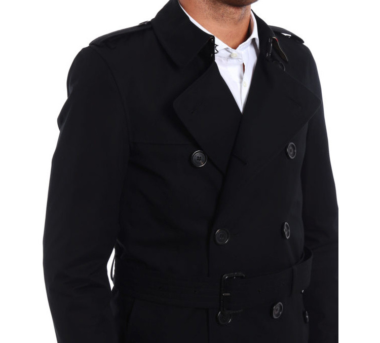 Sizing Burberry Hitam Mantel Trench Bersilang Berkembar Sederhana Panjang 39833381