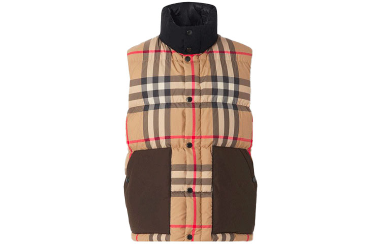 Burberry Brown Checkered Down Vest with Stand Collar and Snap Buttons. 80441821
