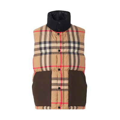 Burberry Brown Checkered Down Vest with Stand Collar and Snap Buttons. 80441821