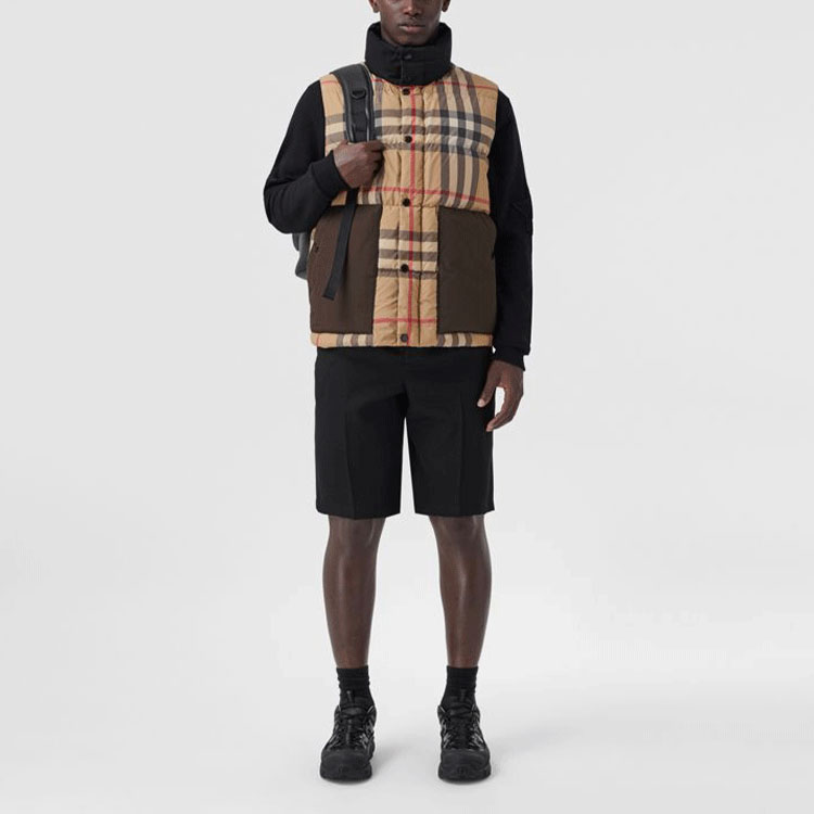 Lookbook バーバリー ブラウン チェック柄 ダウンベスト スタンドカラー＆スナップボタン付き 80441821