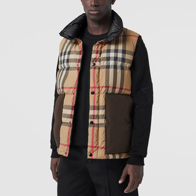 Purchase バーバリー ブラウン チェック柄 ダウンベスト スタンドカラー＆スナップボタン付き 80441821