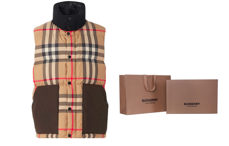 Sizing バーバリー ブラウン チェック柄 ダウンベスト スタンドカラー＆スナップボタン付き 80441821