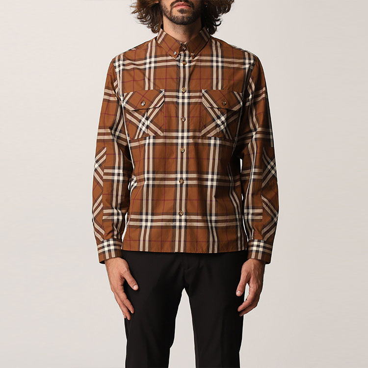 Shop Burberry Brown Long Sleeve Checkered Button-Up Shirt 80459781