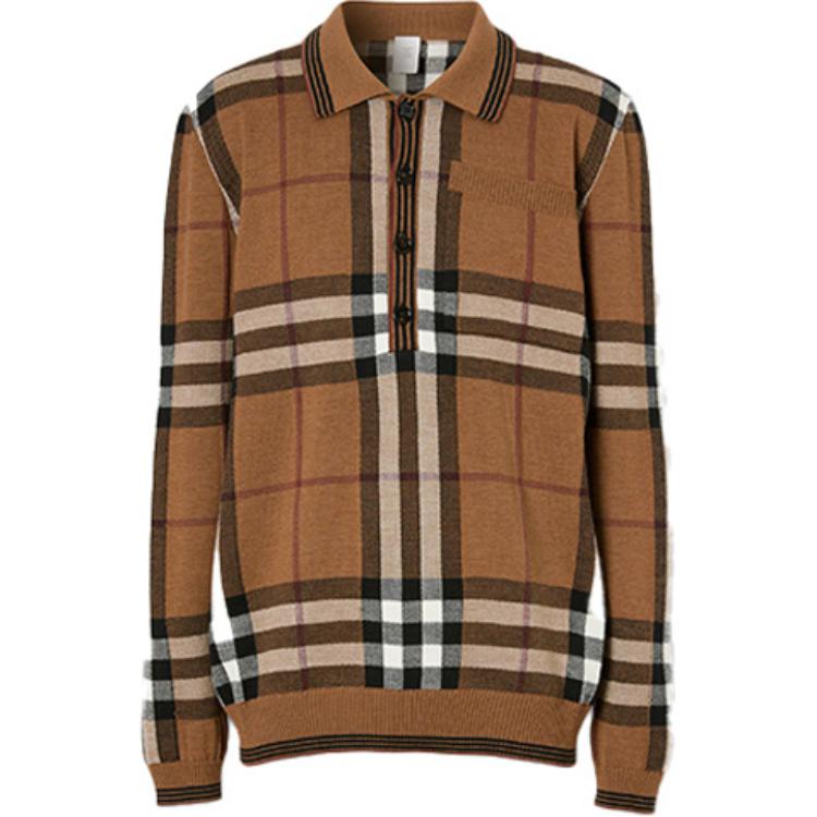 Burberry Brown Merino Wool Check Long Sleeve Polo Shirt 45639441