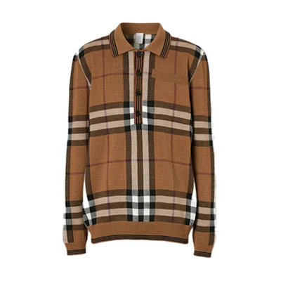 Burberry Brown Merino Wool Check Long Sleeve Polo Shirt 45639441