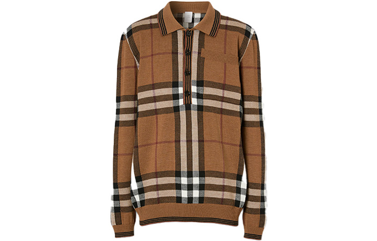 Burberry Brown Merino Wool Check Long Sleeve Polo Shirt 45639441 圖 2