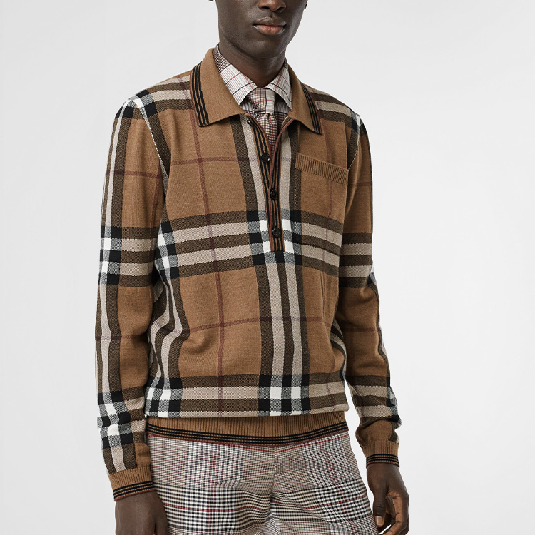 Burberry Brown Merino Wool Check Long Sleeve Polo Shirt 45639441 圖 3