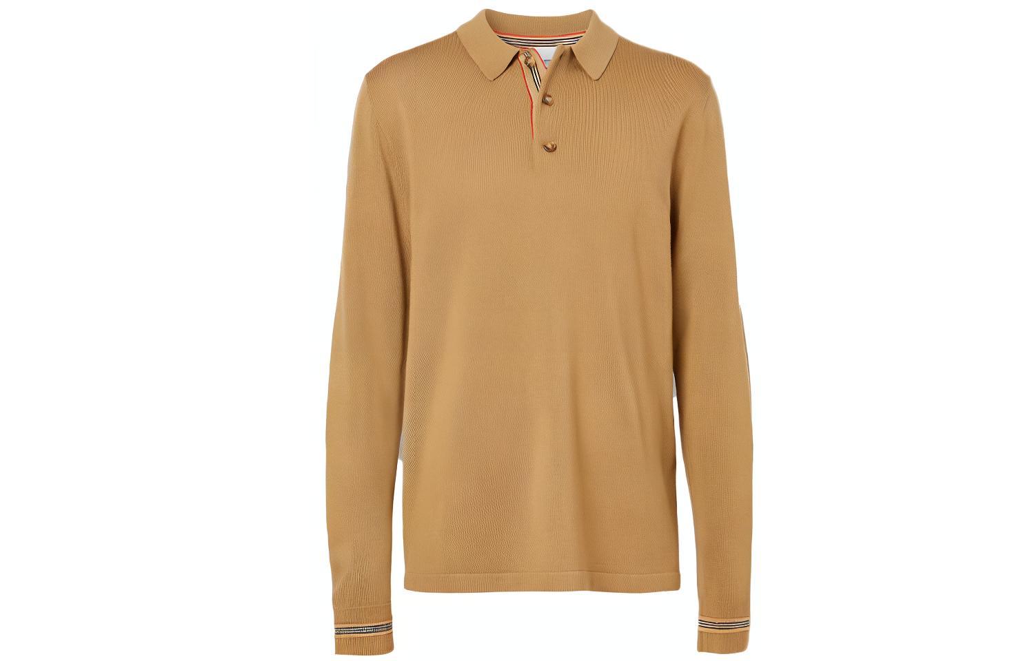 Burberry Camel Long-Sleeve Polo Shirt with Stripe Detail 80330921